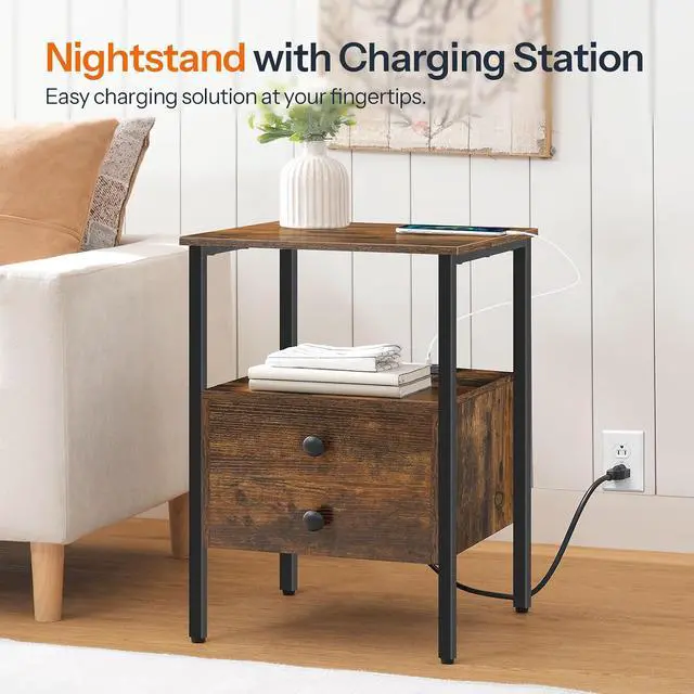 Alt view image 4 of 7 - End Table Set of 2 with Charging Station, Bedside Table with 2 Drawer & USB Ports & Type-C Port, Nightstand for Small Spaces, Stable and Sturdy, for Living Room, Rustic Brown BF43UBZP201