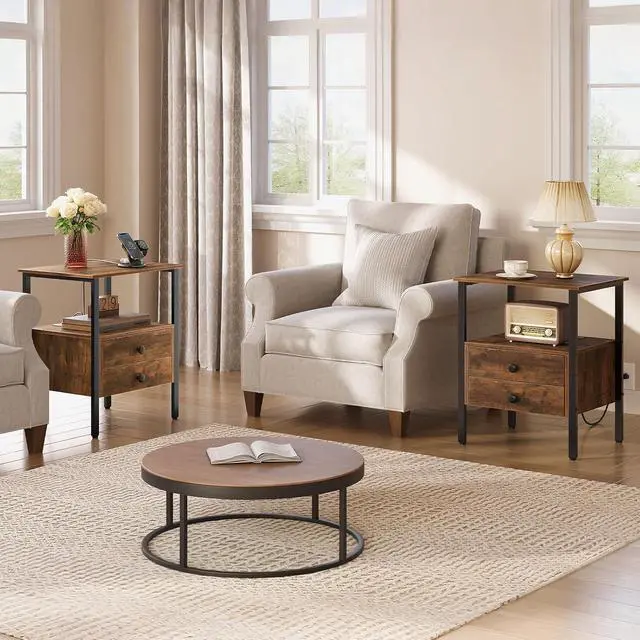 Alt view image 2 of 7 - End Table Set of 2 with Charging Station, Bedside Table with 2 Drawer & USB Ports & Type-C Port, Nightstand for Small Spaces, Stable and Sturdy, for Living Room, Rustic Brown BF43UBZP201