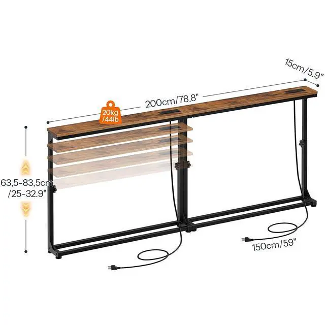 Alt view image 3 of 7 - Narrow Console Table Set of 2 with Charging Station, Adjustable Height Sofa Table (25''-32.9''), Slim Behind Couch Table for Small Spaces, Entryway, Living Room, 78.8" Rustic Brown BF95UXGP201