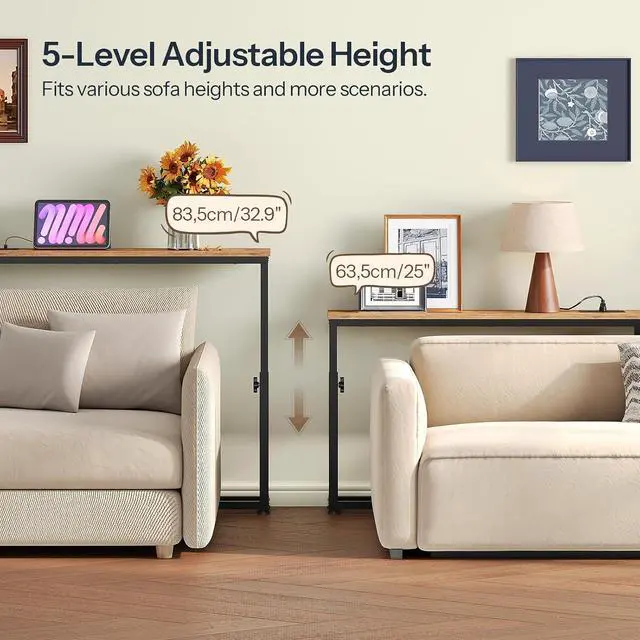Alt view image 4 of 7 - Narrow Console Table Set of 2 with Charging Station, Adjustable Height Sofa Table (25''-32.9''), Slim Behind Couch Table for Small Spaces, Entryway, Living Room, 78.8" Rustic Brown BF95UXGP201
