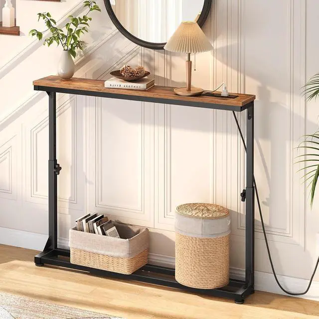 Alt view image 6 of 7 - Narrow Console Table Set of 2 with Charging Station, Adjustable Height Sofa Table (25''-32.9''), Slim Behind Couch Table for Small Spaces, Entryway, Living Room, 78.8" Rustic Brown BF95UXGP201