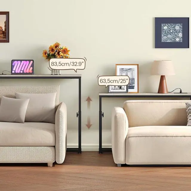Alt view image 2 of 7 - Narrow Console Table with Charging Station, Adjustable Height Sofa Table (25''-32.9''), Slim Behind Couch Table for Small Spaces, Entryway, Living Room, 39.4" Greige BG95UXG01