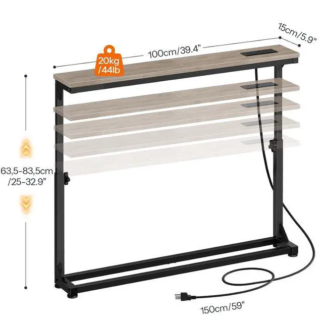 Alt view image 3 of 7 - Narrow Console Table with Charging Station, Adjustable Height Sofa Table (25''-32.9''), Slim Behind Couch Table for Small Spaces, Entryway, Living Room, 39.4" Greige BG95UXG01