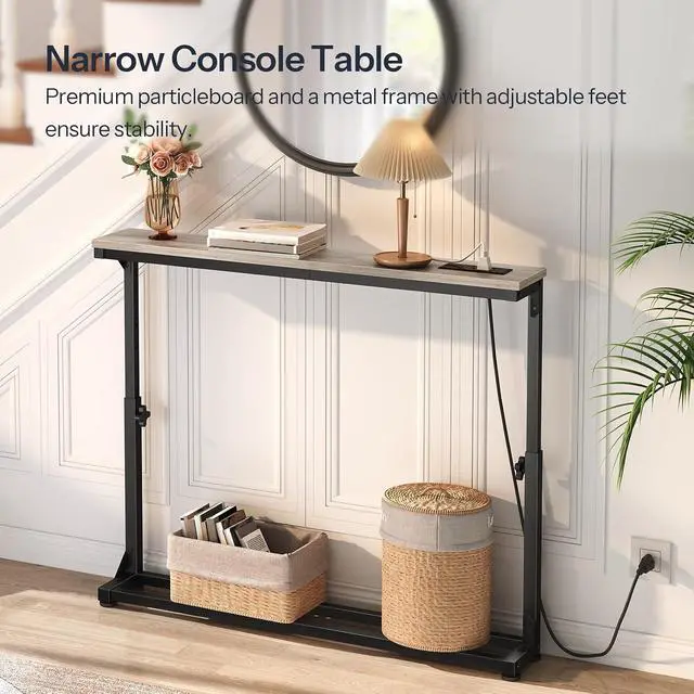 Alt view image 4 of 7 - Narrow Console Table with Charging Station, Adjustable Height Sofa Table (25''-32.9''), Slim Behind Couch Table for Small Spaces, Entryway, Living Room, 39.4" Greige BG95UXG01