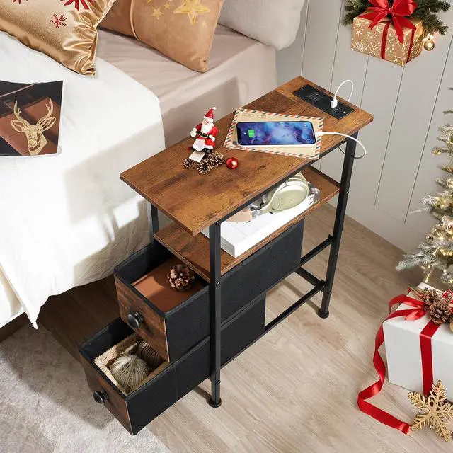 Alt view image 2 of 7 - End Table with Charging Station, Narrow Side Table with 2 Fabric Drawers, Skinny Nightstand with Storage, Slim Bedside Table for Living Room, Small Spaces, Rustic Brown and Black BF487UBZ01