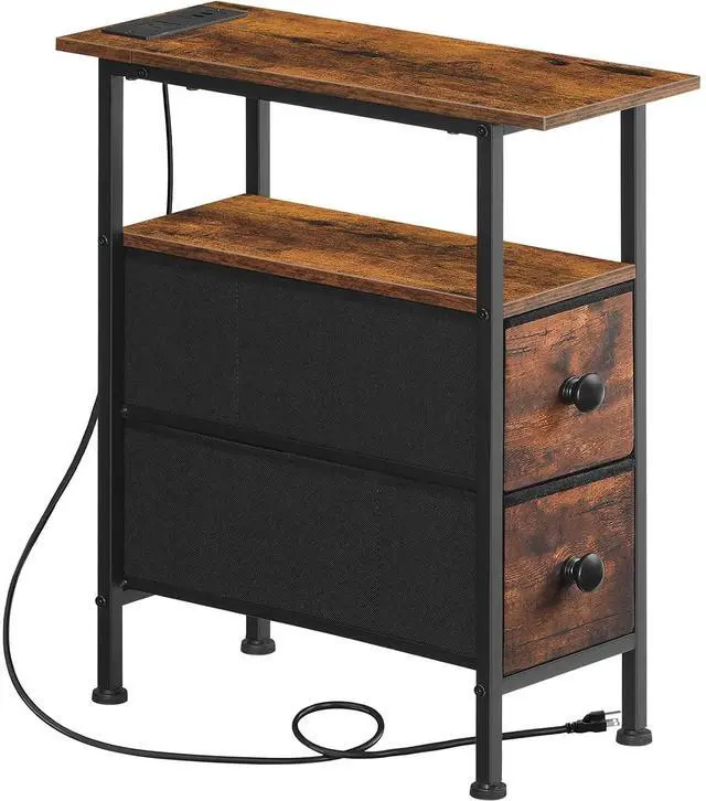 Main image of End Table with Charging Station, Narrow Side Table with 2 Fabric Drawers, Skinny Nightstand with Storage, Slim Bedside Table for Living Room, Small Spaces, Rustic Brown and Black BF487UBZ01
