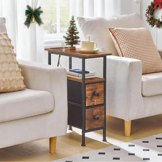 Alt view image 4 of 7 - End Table with Charging Station, Narrow Side Table with 2 Fabric Drawers, Skinny Nightstand with Storage, Slim Bedside Table for Living Room, Small Spaces, Rustic Brown and Black BF487UBZ01