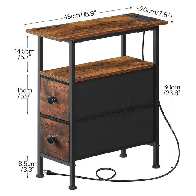 Alt view image 3 of 7 - End Table with Charging Station, Narrow Side Table with 2 Fabric Drawers, Skinny Nightstand with Storage, Slim Bedside Table for Living Room, Small Spaces, Rustic Brown and Black BF487UBZ01