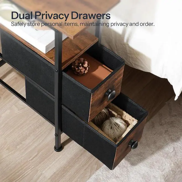 Alt view image 6 of 7 - End Table with Charging Station, Narrow Side Table with 2 Fabric Drawers, Skinny Nightstand with Storage, Slim Bedside Table for Living Room, Small Spaces, Rustic Brown and Black BF487UBZ01
