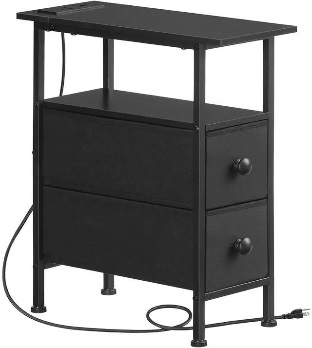 Main image of End Table with Charging Station, Narrow Side Table with 2 Fabric Drawers, Skinny Nightstand with Storage, Slim Bedside Table for Bedroom, Living Room, Small Spaces, Black BB487UBZ01