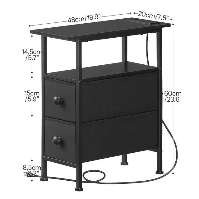 Alt view image 3 of 7 - End Table with Charging Station, Narrow Side Table with 2 Fabric Drawers, Skinny Nightstand with Storage, Slim Bedside Table for Bedroom, Living Room, Small Spaces, Black BB487UBZ01