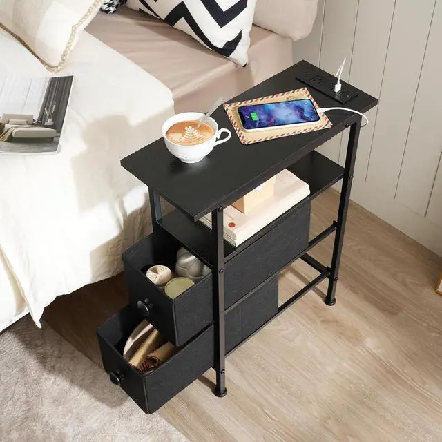 Alt view image 2 of 7 - End Table with Charging Station, Narrow Side Table with 2 Fabric Drawers, Skinny Nightstand with Storage, Slim Bedside Table for Bedroom, Living Room, Small Spaces, Black BB487UBZ01
