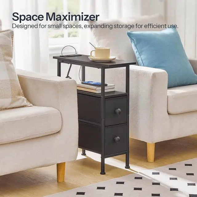 Alt view image 4 of 7 - End Table with Charging Station, Narrow Side Table with 2 Fabric Drawers, Skinny Nightstand with Storage, Slim Bedside Table for Bedroom, Living Room, Small Spaces, Black BB487UBZ01