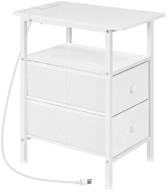Main image of End Table with Charging Station, Narrow Side Table, Nightstand with 2 Non-Woven Drawers, Slim Sofa Side Table, for Small Spaces, Living Room, Bedroom, White WT486UBZ01