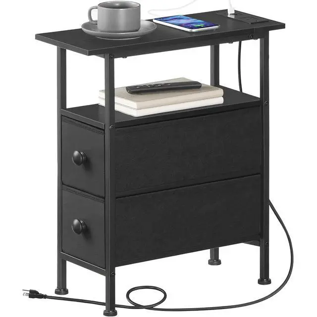 Alt view image 7 of 7 - End Table with Charging Station, Narrow Side Table with 2 Fabric Drawers, Skinny Nightstand with Storage, Slim Bedside Table for Bedroom, Living Room, Small Spaces, Black BB487UBZ01