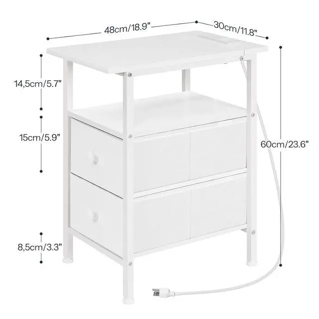 Alt view image 3 of 7 - End Table with Charging Station, Narrow Side Table, Nightstand with 2 Non-Woven Drawers, Slim Sofa Side Table, for Small Spaces, Living Room, Bedroom, White WT486UBZ01