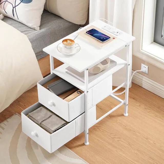 Alt view image 2 of 7 - End Table with Charging Station, Narrow Side Table, Nightstand with 2 Non-Woven Drawers, Slim Sofa Side Table, for Small Spaces, Living Room, Bedroom, White WT486UBZ01
