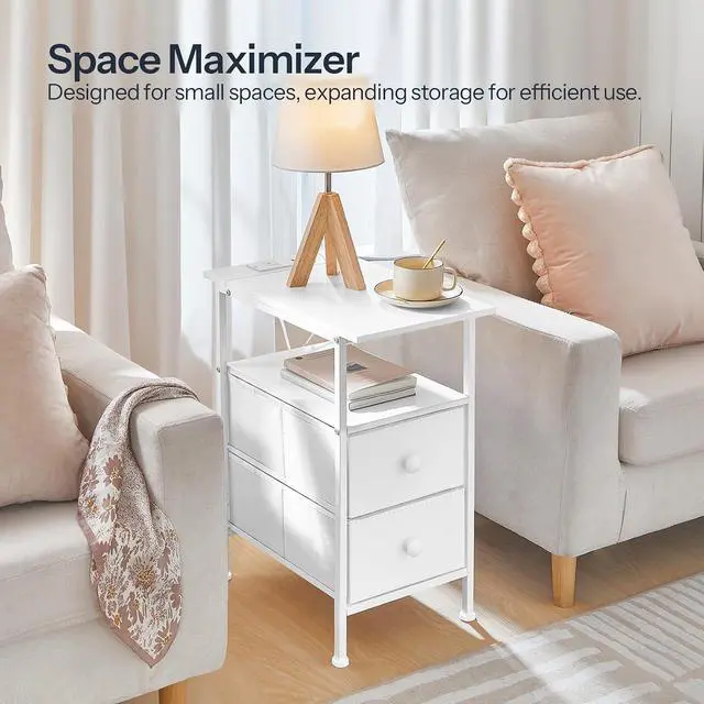 Alt view image 4 of 7 - End Table with Charging Station, Narrow Side Table, Nightstand with 2 Non-Woven Drawers, Slim Sofa Side Table, for Small Spaces, Living Room, Bedroom, White WT486UBZ01