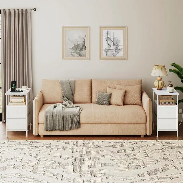 Alt view image 5 of 7 - End Table with Charging Station, Narrow Side Table, Nightstand with 2 Non-Woven Drawers, Slim Sofa Side Table, for Small Spaces, Living Room, Bedroom, White WT486UBZ01
