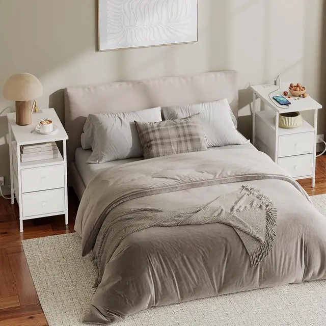 Alt view image 6 of 7 - End Table with Charging Station, Narrow Side Table, Nightstand with 2 Non-Woven Drawers, Slim Sofa Side Table, for Small Spaces, Living Room, Bedroom, White WT486UBZ01