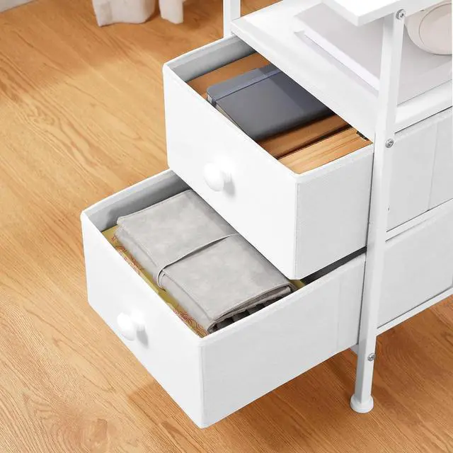 Alt view image 7 of 7 - End Table with Charging Station, Narrow Side Table, Nightstand with 2 Non-Woven Drawers, Slim Sofa Side Table, for Small Spaces, Living Room, Bedroom, White WT486UBZ01