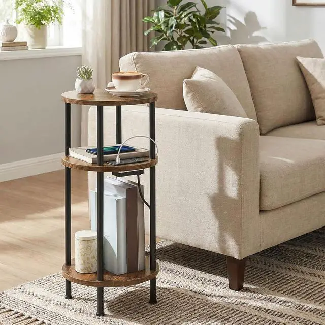 Alt view image 2 of 7 - Small Round Side Table, 3-Tier Compact Sofa End Table with Charging Station, Circle Bedside Table Nightstand with Storage, for Small Space, Living Room, Bedroom, Rustic Brown BF219UBZ01