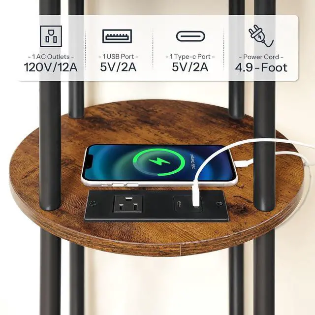 Alt view image 4 of 7 - Small Round Side Table, 3-Tier Compact Sofa End Table with Charging Station, Circle Bedside Table Nightstand with Storage, for Small Space, Living Room, Bedroom, Rustic Brown BF219UBZ01