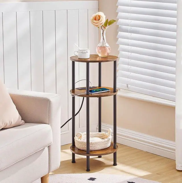 Alt view image 5 of 7 - Small Round Side Table, 3-Tier Compact Sofa End Table with Charging Station, Circle Bedside Table Nightstand with Storage, for Small Space, Living Room, Bedroom, Rustic Brown BF219UBZ01