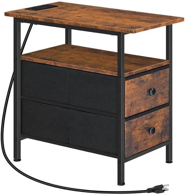 Main image of End Table with Charging Station, Narrow Side Table, Nightstand with 2 Non-Woven Drawers, Slim Sofa Side Table, for Small Spaces, Living Room, Bedroom, Rustic Brown and Black BF486UBZ01