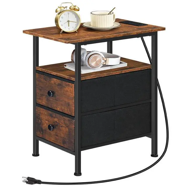 Alt view image 7 of 7 - End Table with Charging Station, Narrow Side Table, Nightstand with 2 Non-Woven Drawers, Slim Sofa Side Table, for Small Spaces, Living Room, Bedroom, Rustic Brown and Black BF486UBZ01