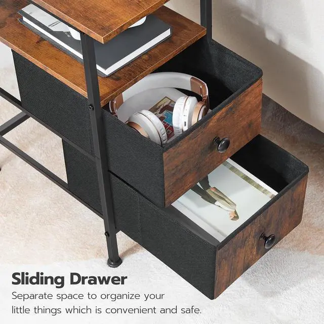 Alt view image 6 of 7 - End Table with Charging Station, Narrow Side Table, Nightstand with 2 Non-Woven Drawers, Slim Sofa Side Table, for Small Spaces, Living Room, Bedroom, Rustic Brown and Black BF486UBZ01