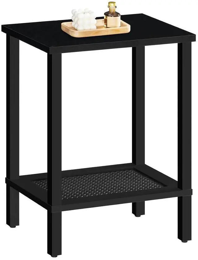 Main image of End Table, Small Side Table with 2-Tier Storage Shelves, Nightstand with Faux Rattan Decoration, for Small Space, Living Room, Bedroom, Black BK91BZ01