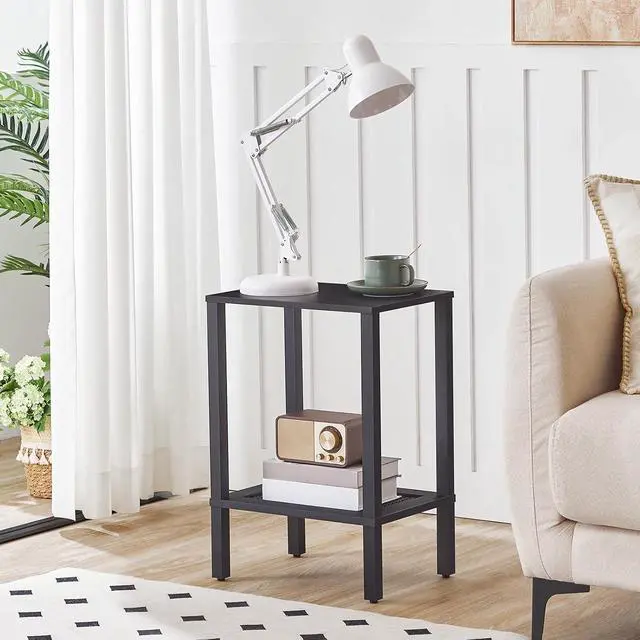 Alt view image 2 of 7 - End Table, Small Side Table with 2-Tier Storage Shelves, Nightstand with Faux Rattan Decoration, for Small Space, Living Room, Bedroom, Black BK91BZ01