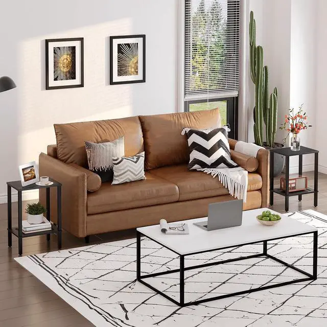Alt view image 4 of 7 - End Table, Small Side Table with 2-Tier Storage Shelves, Nightstand with Faux Rattan Decoration, for Small Space, Living Room, Bedroom, Black BK91BZ01