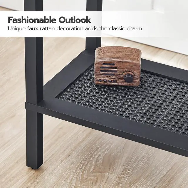 Alt view image 5 of 7 - End Table, Small Side Table with 2-Tier Storage Shelves, Nightstand with Faux Rattan Decoration, for Small Space, Living Room, Bedroom, Black BK91BZ01