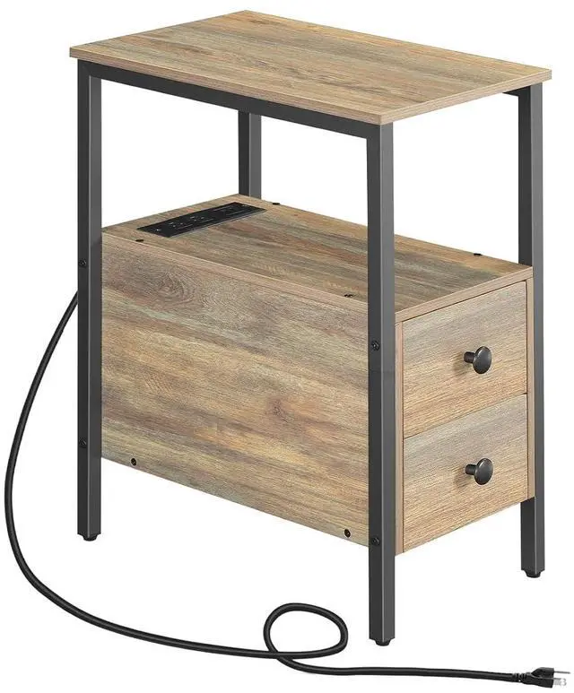 Main image of End Table with Charging Station, Narrow Side Table with 2 Drawer & USB Ports & Power Outlets, Nightstand for Small Spaces, for Living Room, Bedroom, Sapphire Brown UC541BZ01
