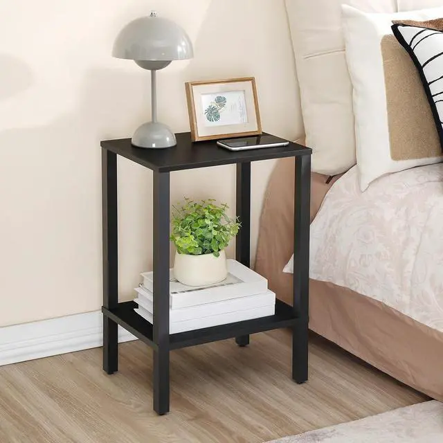 Alt view image 6 of 7 - End Table, Small Side Table with 2-Tier Storage Shelves, Nightstand with Faux Rattan Decoration, for Small Space, Living Room, Bedroom, Black BK91BZ01