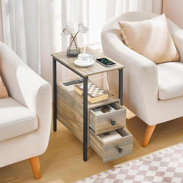 Alt view image 2 of 7 - End Table with Charging Station, Narrow Side Table with 2 Drawer & USB Ports & Power Outlets, Nightstand for Small Spaces, for Living Room, Bedroom, Sapphire Brown UC541BZ01