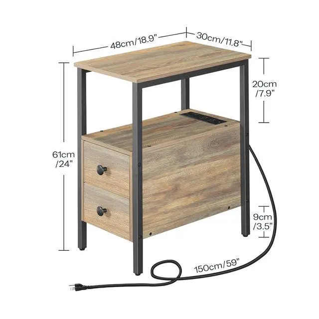 Alt view image 3 of 7 - End Table with Charging Station, Narrow Side Table with 2 Drawer & USB Ports & Power Outlets, Nightstand for Small Spaces, for Living Room, Bedroom, Sapphire Brown UC541BZ01