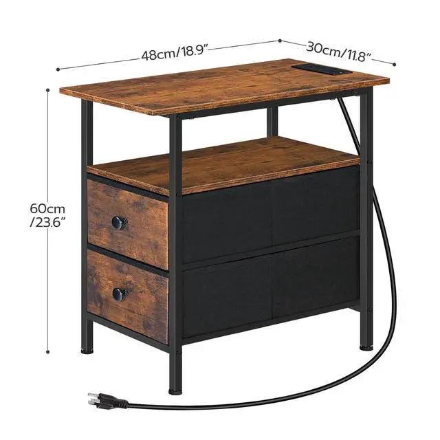 Alt view image 3 of 7 - End Table with Charging Station, Narrow Side Table, Nightstand with 2 Non-Woven Drawers, Slim Sofa Side Table, for Small Spaces, Living Room, Bedroom, Rustic Brown and Black BF486UBZ01