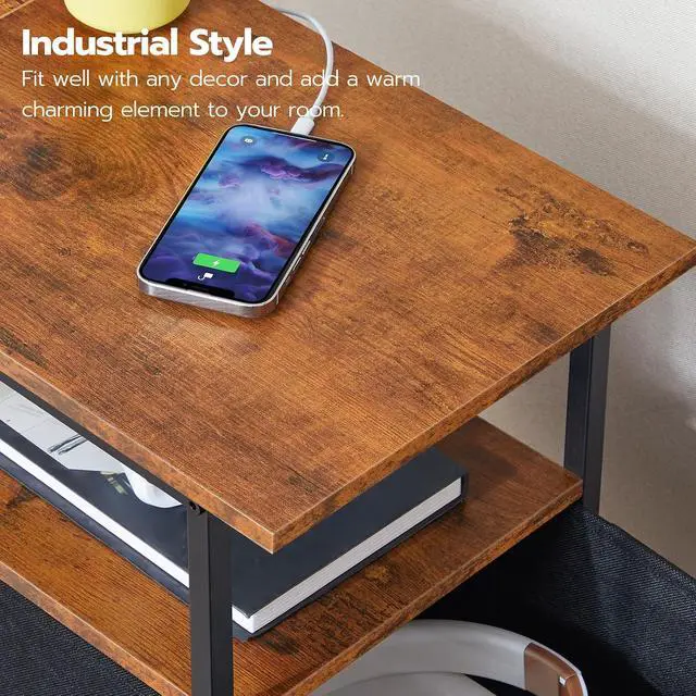 Alt view image 5 of 7 - End Table with Charging Station, Narrow Side Table, Nightstand with 2 Non-Woven Drawers, Slim Sofa Side Table, for Small Spaces, Living Room, Bedroom, Rustic Brown and Black BF486UBZ01