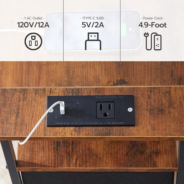 Alt view image 7 of 7 - End Table with Charging Station, Set of 2 Narrow Side Tables, Nightstand with 2 Non-Woven Drawers, Slim Sofa Table, for Small Spaces, Living Room, Bedroom, Rustic Brown and Black BF486UBZP201