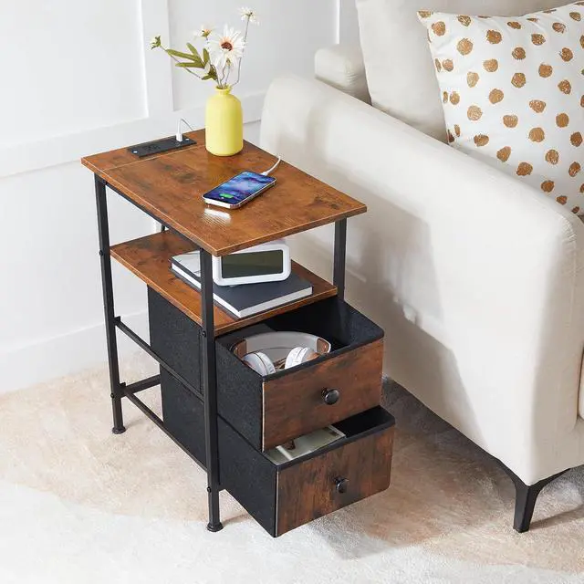 Alt view image 4 of 7 - End Table with Charging Station, Set of 2 Narrow Side Tables, Nightstand with 2 Non-Woven Drawers, Slim Sofa Table, for Small Spaces, Living Room, Bedroom, Rustic Brown and Black BF486UBZP201