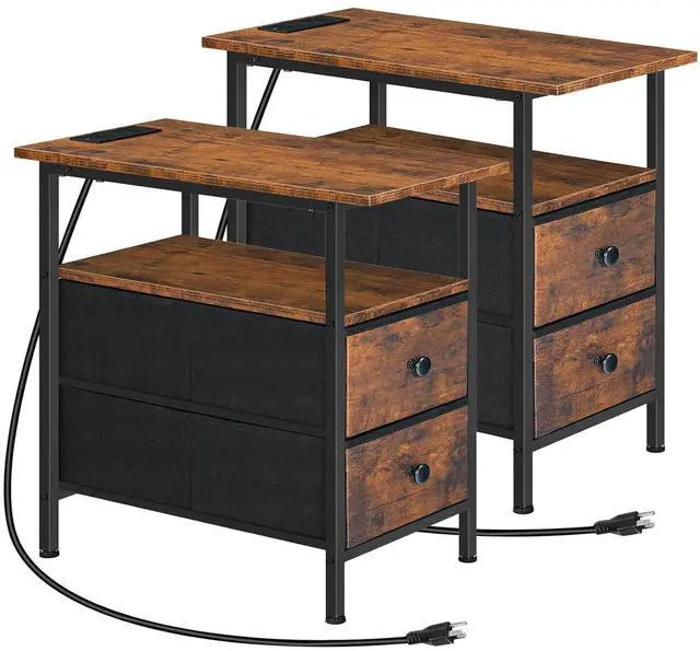 Main image of End Table with Charging Station, Set of 2 Narrow Side Tables, Nightstand with 2 Non-Woven Drawers, Slim Sofa Table, for Small Spaces, Living Room, Bedroom, Rustic Brown and Black BF486UBZP201