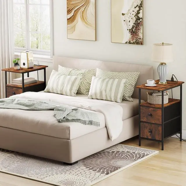 Alt view image 6 of 7 - End Table with Charging Station, Set of 2 Narrow Side Tables, Nightstand with 2 Non-Woven Drawers, Slim Sofa Table, for Small Spaces, Living Room, Bedroom, Rustic Brown and Black BF486UBZP201