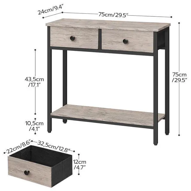 Alt view image 3 of 7 - 29.5" Narrow Console Table with 2 Fabric Drawers, Small Entryway Table with 2-Tier Storage Shelves, Sofa Table, Behind Couch Table, for Living Room, Hallway, Greige and Black BG71XG01