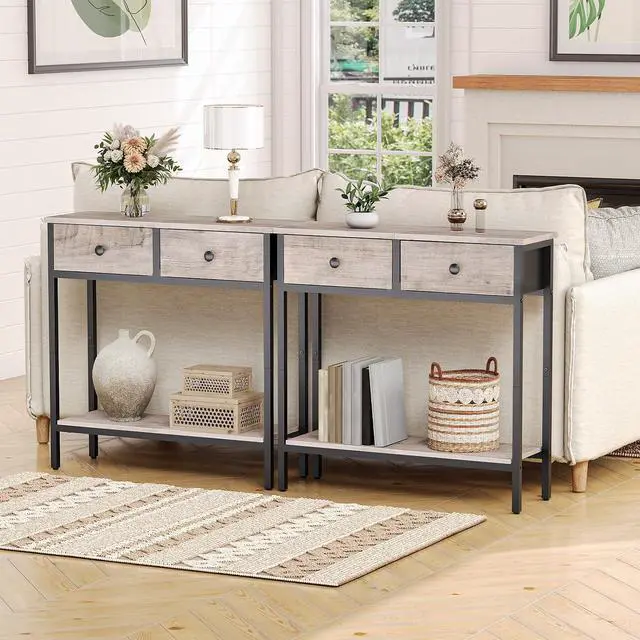 Alt view image 2 of 7 - 29.5" Narrow Console Table with 2 Fabric Drawers, Small Entryway Table with 2-Tier Storage Shelves, Sofa Table, Behind Couch Table, for Living Room, Hallway, Greige and Black BG71XG01