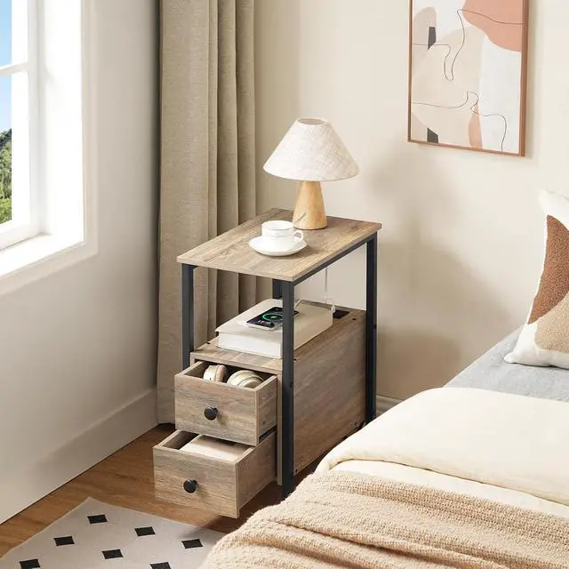 Alt view image 5 of 7 - End Table with Charging Station, Narrow Side Table with 2 Drawer & USB Ports & Power Outlets, Nightstand for Small Spaces, for Living Room, Bedroom, Sapphire Brown UC541BZ01