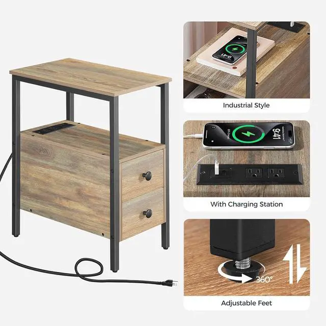 Alt view image 6 of 7 - End Table with Charging Station, Narrow Side Table with 2 Drawer & USB Ports & Power Outlets, Nightstand for Small Spaces, for Living Room, Bedroom, Sapphire Brown UC541BZ01