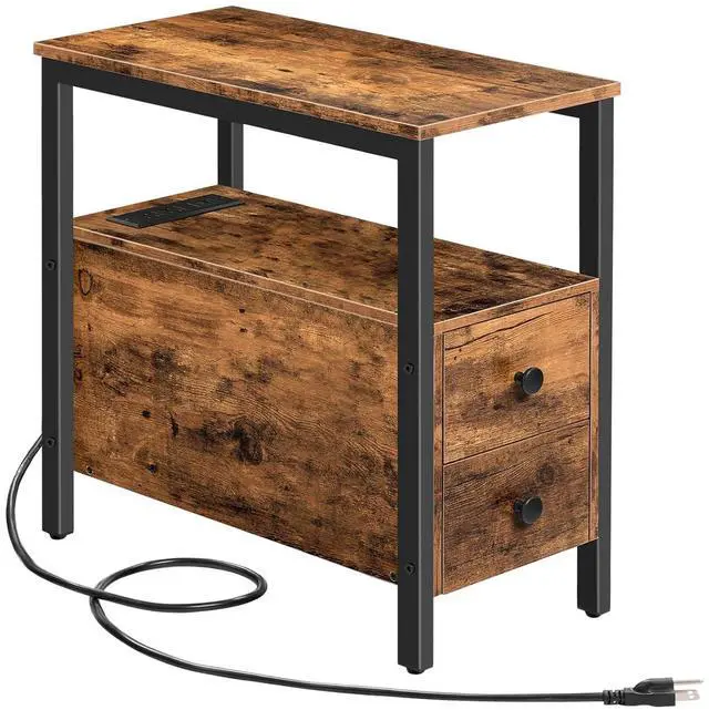 Main image of End Table with Charging Station, Narrow Side Table with 2 Drawer & USB Ports & Power Outlets, Nightstand for Small Spaces, for Living Room, Bedroom, Rustic Brown and Black BF541BZ01